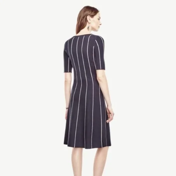 Ann Taylor Blue Pinstripe Flare Sweater Dress - Picture 2 of 7